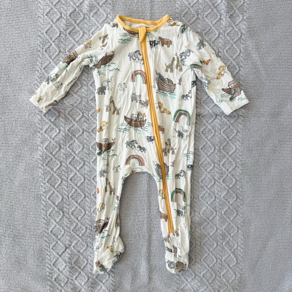 Mud Pie Noah's Ark Print Zipper Footie with Yellow Trim